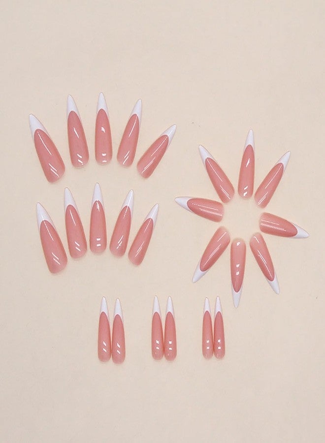 GRITOSE 24Pcs Pink Stiletto Press on Nails Long Fake Nails with Glue French Tip False Nails Artificial Acrylic Nails Press ons Long Almond Press on Nails Full Cover Reusable Stick on Nail for Women Girls - Image 3